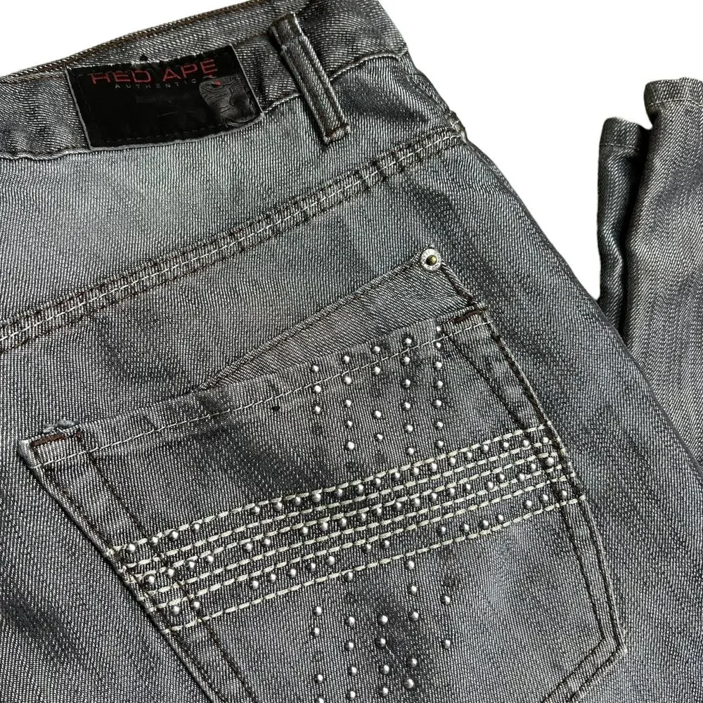 Cyber Y2K Gray 00s Jeans Stuudded Pocket Red Ape Cyber Grunge Size 38